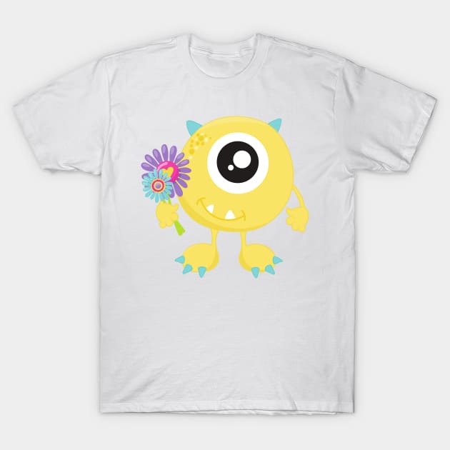 Spring Monster, Yellow Monster, Flowers, Horns T-Shirt by Jelena Dunčević